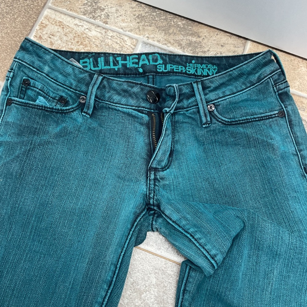 Bullhead Hermosa Super Skinny Jeans Teal Green Low Rise Stretch Denim Size 1